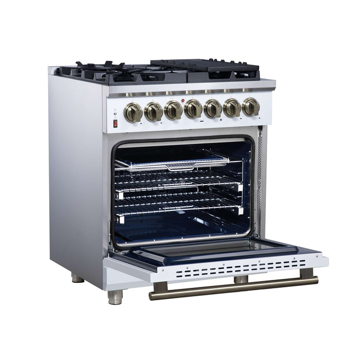 Forno Massimo 30 Inch Freestanding Dual Fuel Range in White with Antique Brass Accessories, 4 Burners, 4.32 cu. ft. Convection Oven