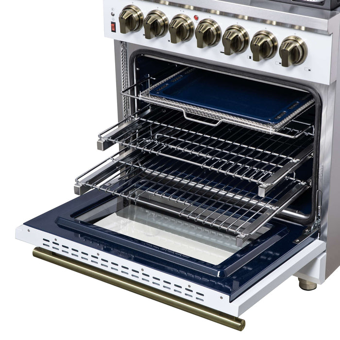 Forno Massimo 30 Inch Freestanding Dual Fuel Range in White with Antique Brass Accessories, 4 Burners, 4.32 cu. ft. Convection Oven