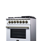 Forno Massimo 30-Inch Freestanding Dual Fuel Range in White with Antique Brass Accessories, 4 Burners, 4.32 cu. ft. Convection Oven