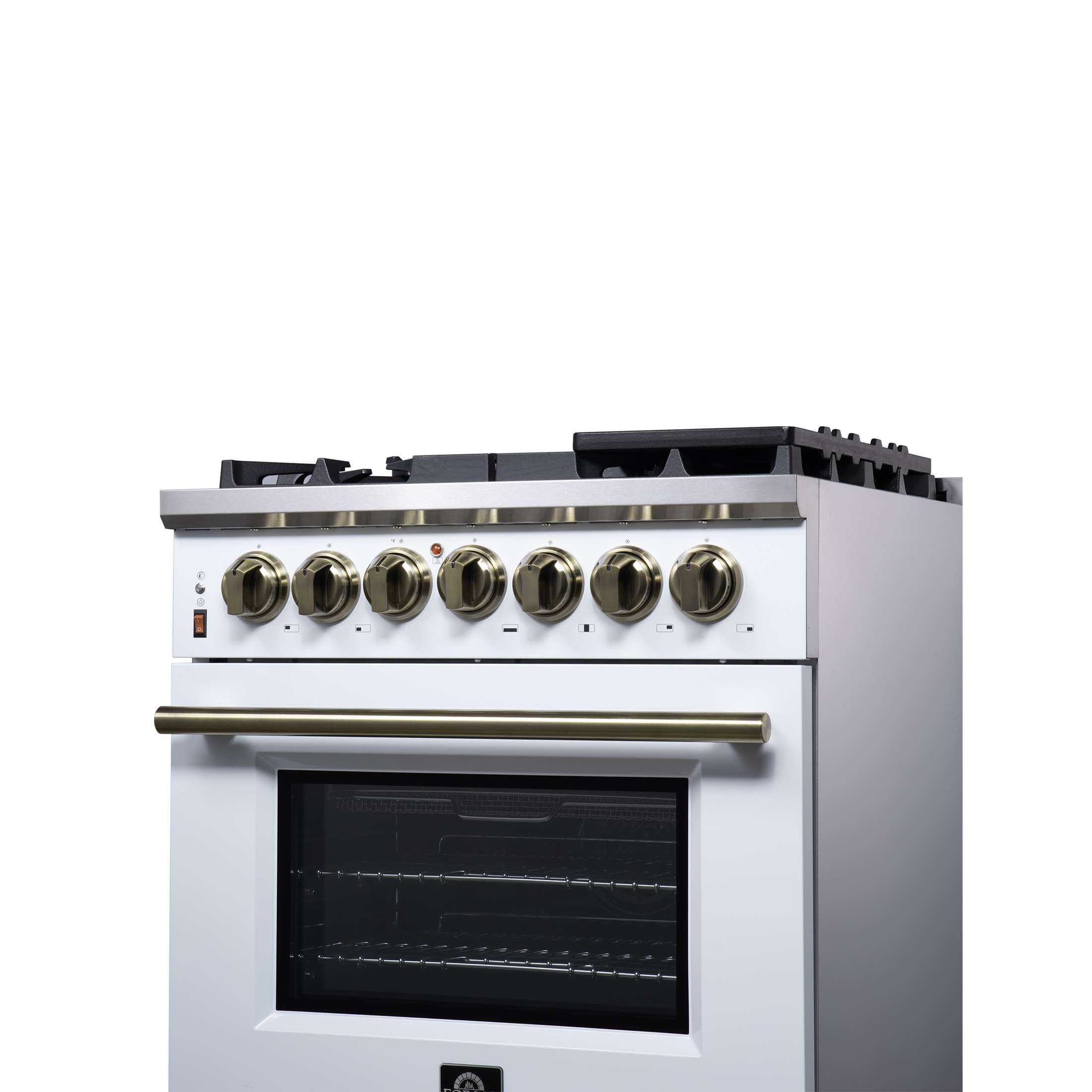 Forno Massimo 30-Inch Freestanding Dual Fuel Range in White with Antique Brass Accessories, 4 Burners, 4.32 cu. ft. Convection Oven