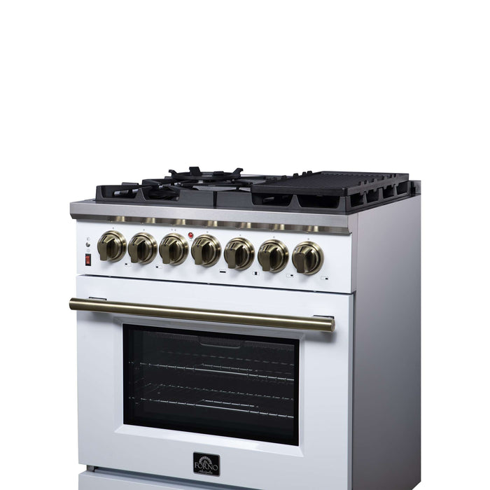 Forno Massimo 30 Inch Freestanding Dual Fuel Range in White with Antique Brass Accessories, 4 Burners, 4.32 cu. ft. Convection Oven