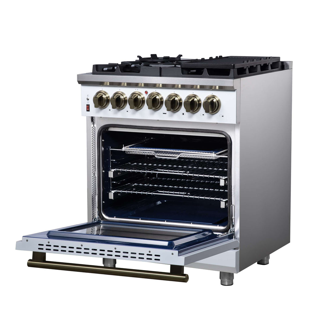 Forno Massimo 30-Inch Freestanding Dual Fuel Range in White with Antique Brass Accessories, 4 Burners, 4.32 cu. ft. Convection Oven