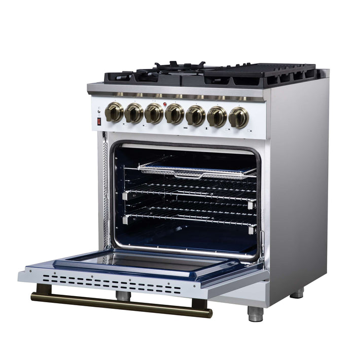 Forno Massimo 30 Inch Freestanding Dual Fuel Range in White with Antique Brass Accessories, 4 Burners, 4.32 cu. ft. Convection Oven