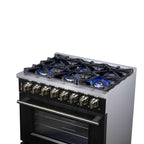 Forno Massimo 36 Inch Freestanding Dual Fuel Range in Black with Antique Brass Accessories, 6 Burners, 5.36 cu. ft. Convection Oven