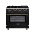 Forno Massimo 36 Inch Freestanding Dual Fuel Range in Black with Antique Brass Accessories, 6 Burners, 5.36 cu. ft. Convection Oven