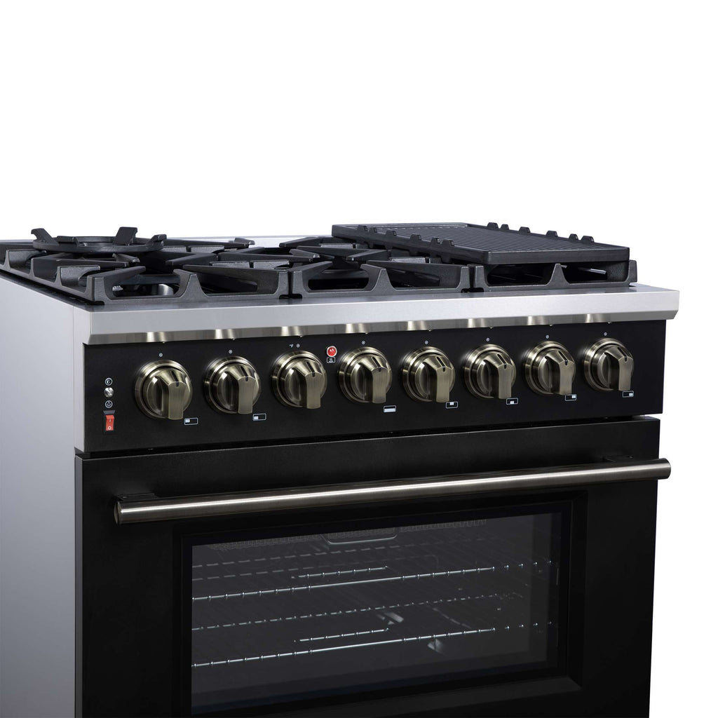 Forno Massimo 36 Inch Freestanding Dual Fuel Range in Black with Antique Brass Accessories, 6 Burners, 5.36 cu. ft. Convection Oven