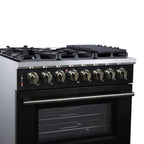 Forno Massimo 36 Inch Freestanding Dual Fuel Range in Black with Antique Brass Accessories, 6 Burners, 5.36 cu. ft. Convection Oven