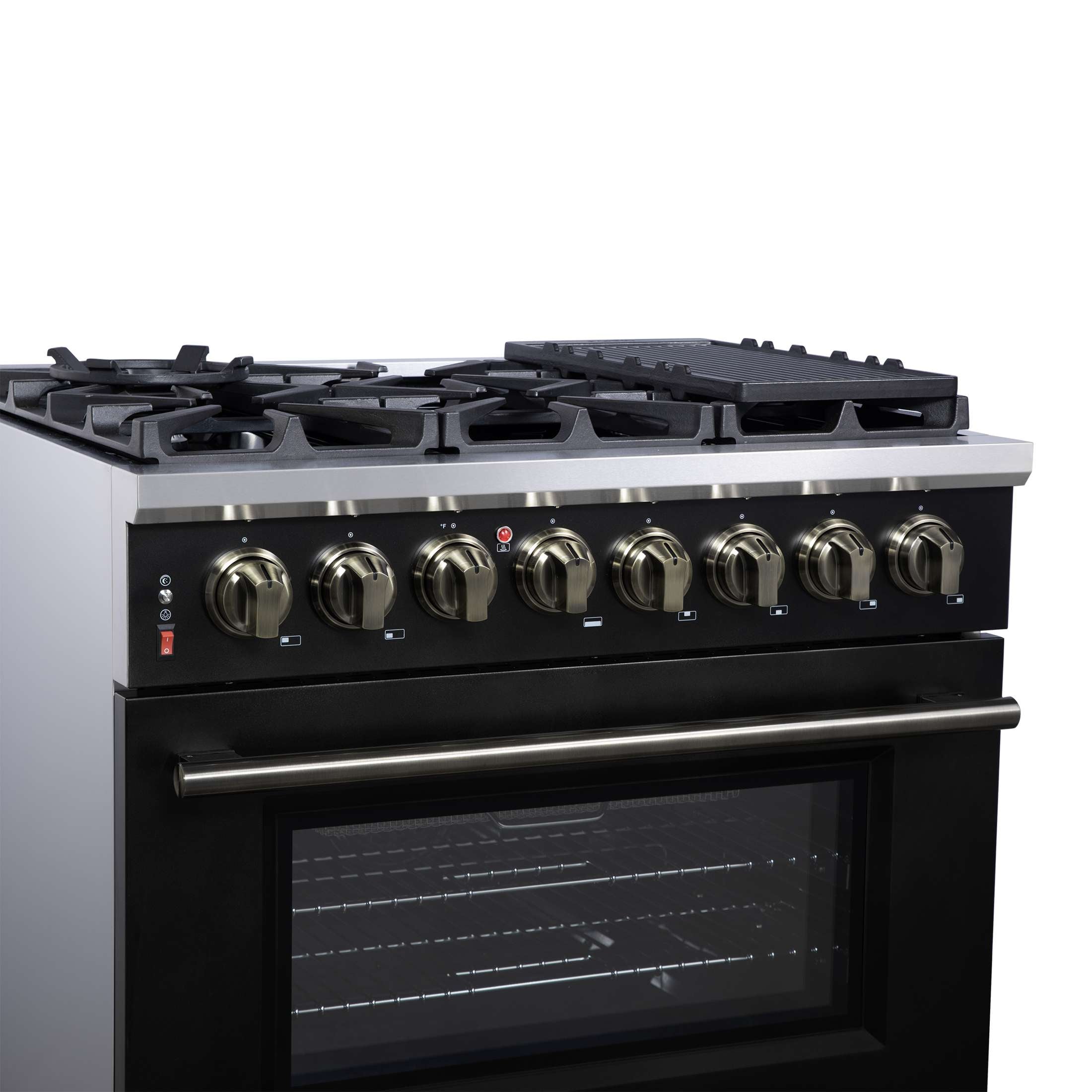 Forno Massimo 36 Inch Freestanding Dual Fuel Range in Black with Antique Brass Accessories, 6 Burners, 5.36 cu. ft. Convection Oven