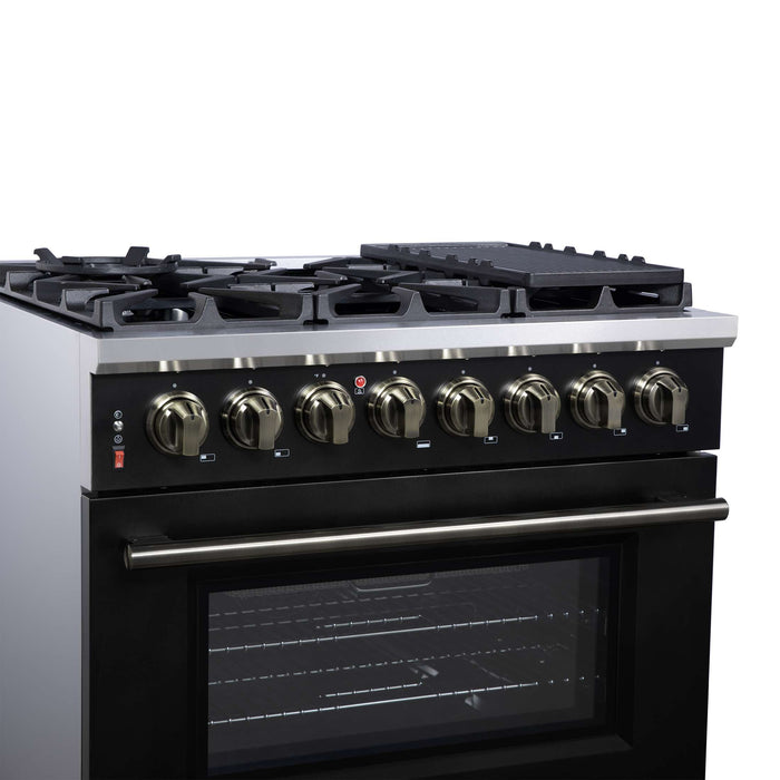 Forno Massimo 36 Inch Freestanding Dual Fuel Range in Black with Antique Brass Accessories, 6 Burners, 5.36 cu. ft. Convection Oven