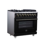 Forno Massimo 36 Inch Freestanding Dual Fuel Range in Black with Antique Brass Accessories, 6 Burners, 5.36 cu. ft. Convection Oven