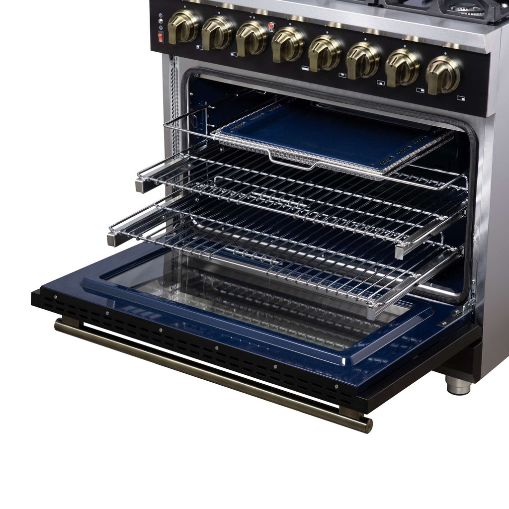 Forno Massimo 36 Inch Freestanding Dual Fuel Range in Black with Antique Brass Accessories, 6 Burners, 5.36 cu. ft. Convection Oven
