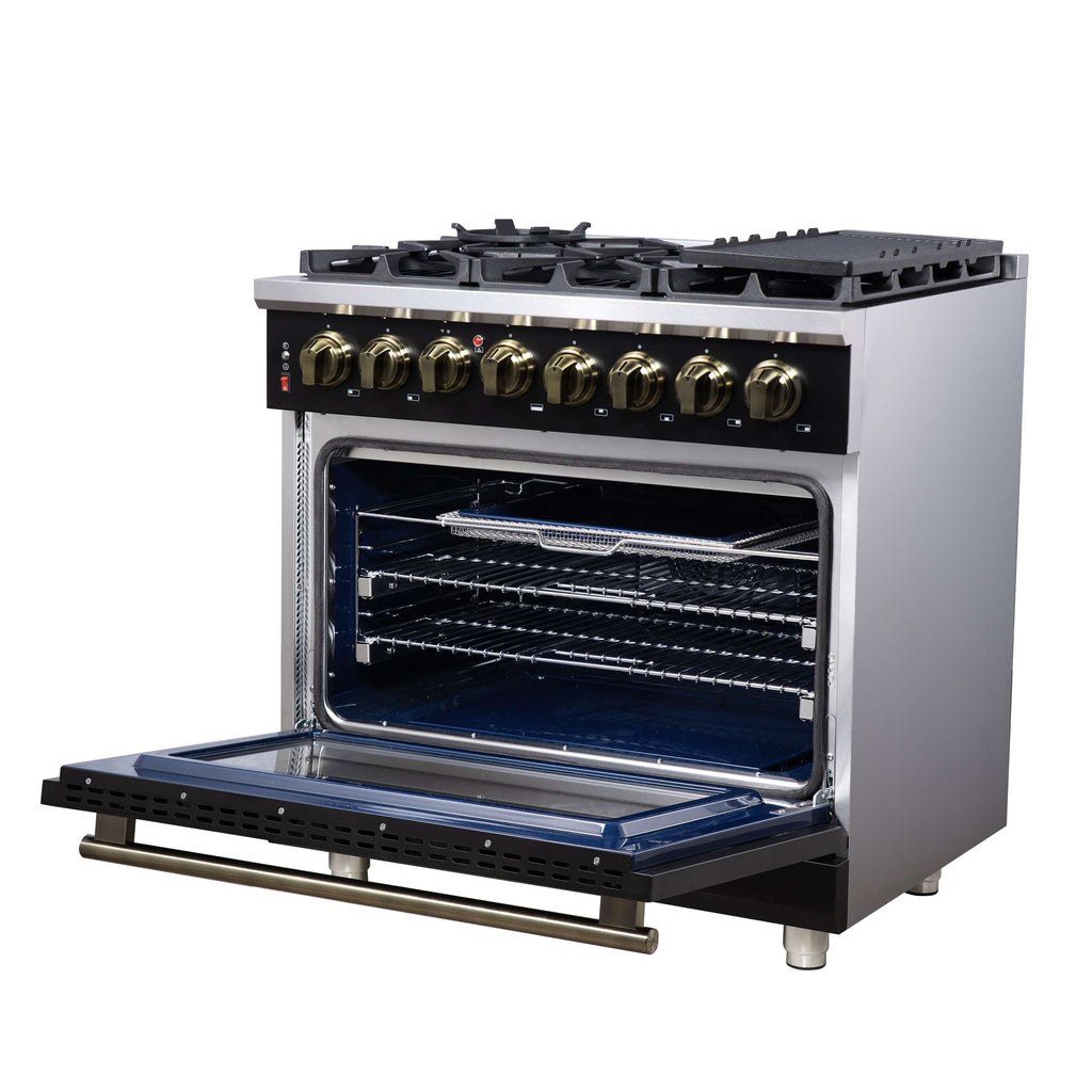 Forno Massimo 36 Inch Freestanding Dual Fuel Range in Black with Antique Brass Accessories, 6 Burners, 5.36 cu. ft. Convection Oven