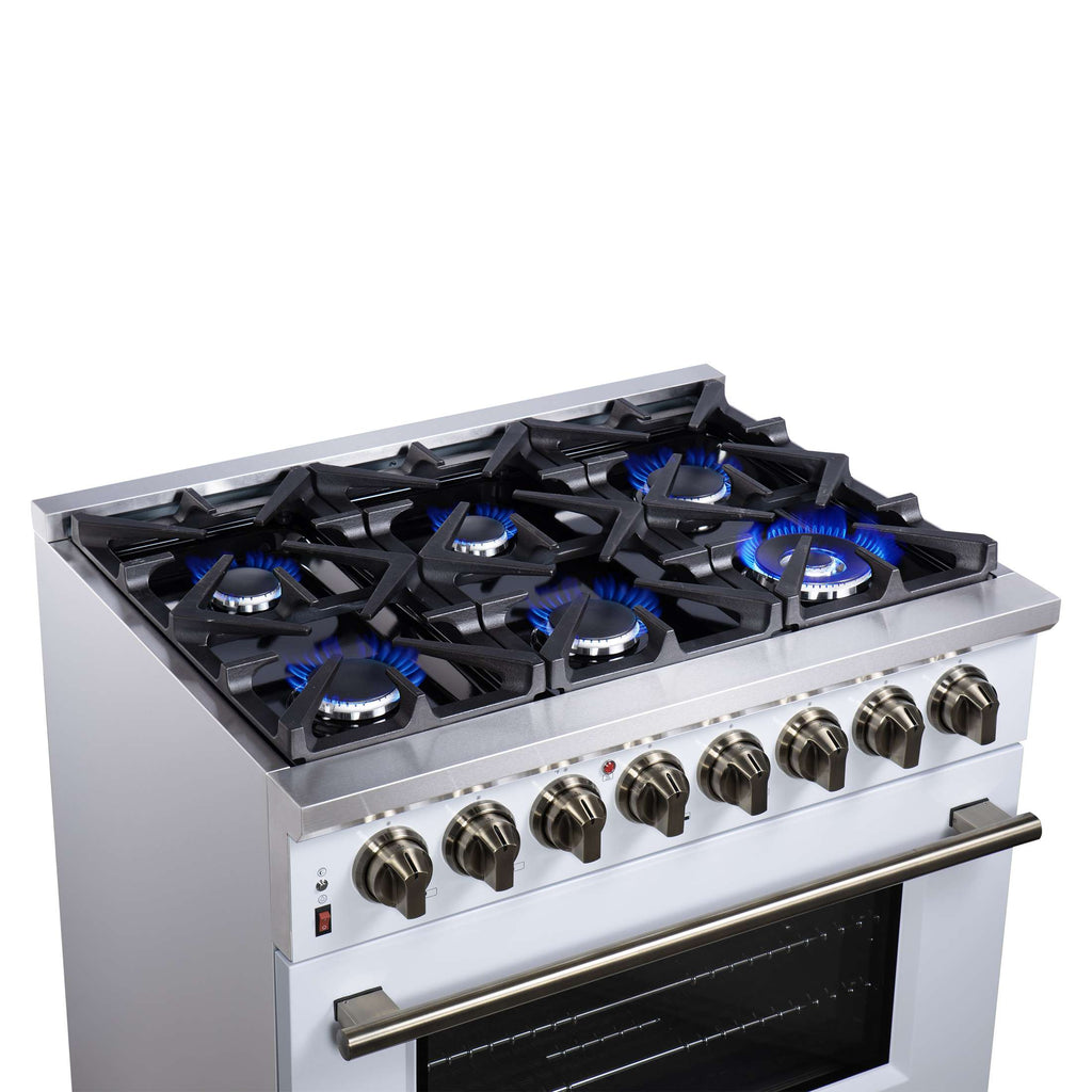 Forno Massimo 36 Inch Freestanding Dual Fuel Range in White with Antique Brass Accessories, 6 Burners, 5.36 cu. ft. Convection Oven