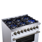 Forno Massimo 36 Inch Freestanding Dual Fuel Range in White with Antique Brass Accessories, 6 Burners, 5.36 cu. ft. Convection Oven