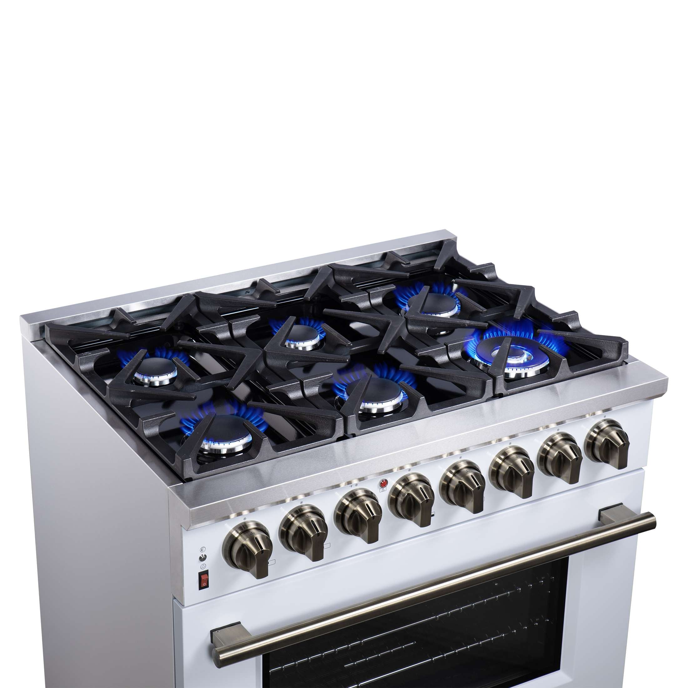 Forno Massimo 36 Inch Freestanding Dual Fuel Range in White with Antique Brass Accessories, 6 Burners, 5.36 cu. ft. Convection Oven