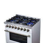 Forno Massimo 36 Inch Freestanding Dual Fuel Range in White with Antique Brass Accessories, 6 Burners, 5.36 cu. ft. Convection Oven