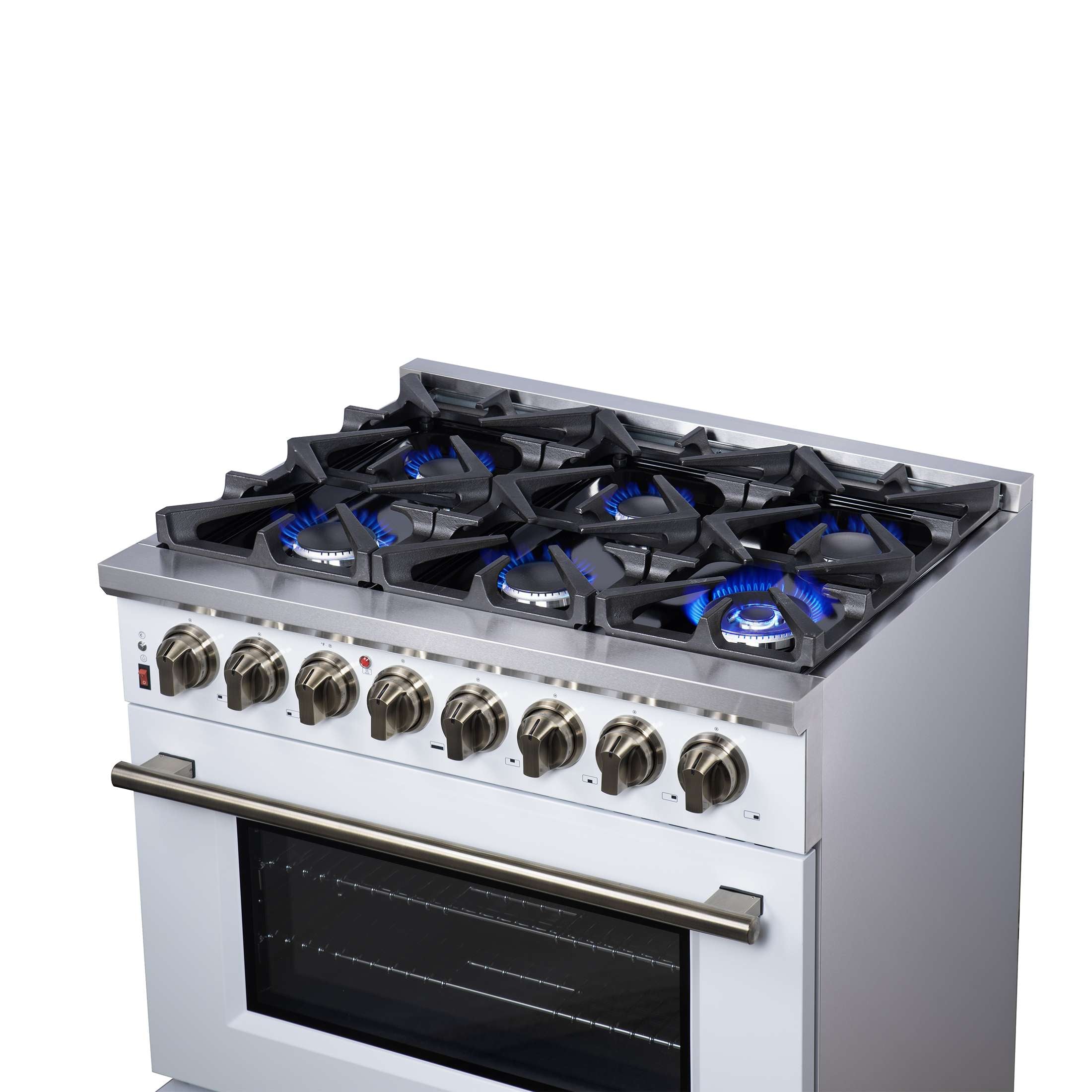 Forno Massimo 36 Inch Freestanding Dual Fuel Range in White with Antique Brass Accessories, 6 Burners, 5.36 cu. ft. Convection Oven