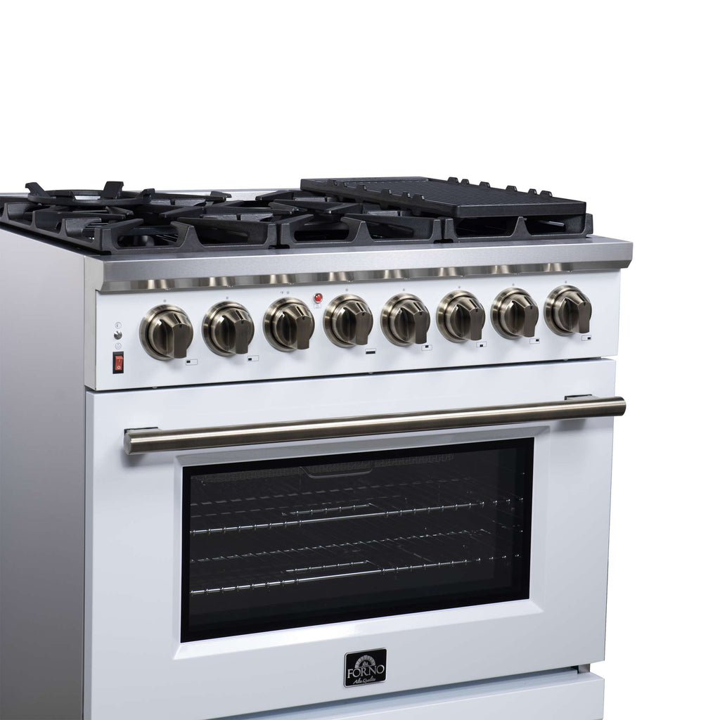 Forno Massimo 36 Inch Freestanding Dual Fuel Range in White with Antique Brass Accessories, 6 Burners, 5.36 cu. ft. Convection Oven