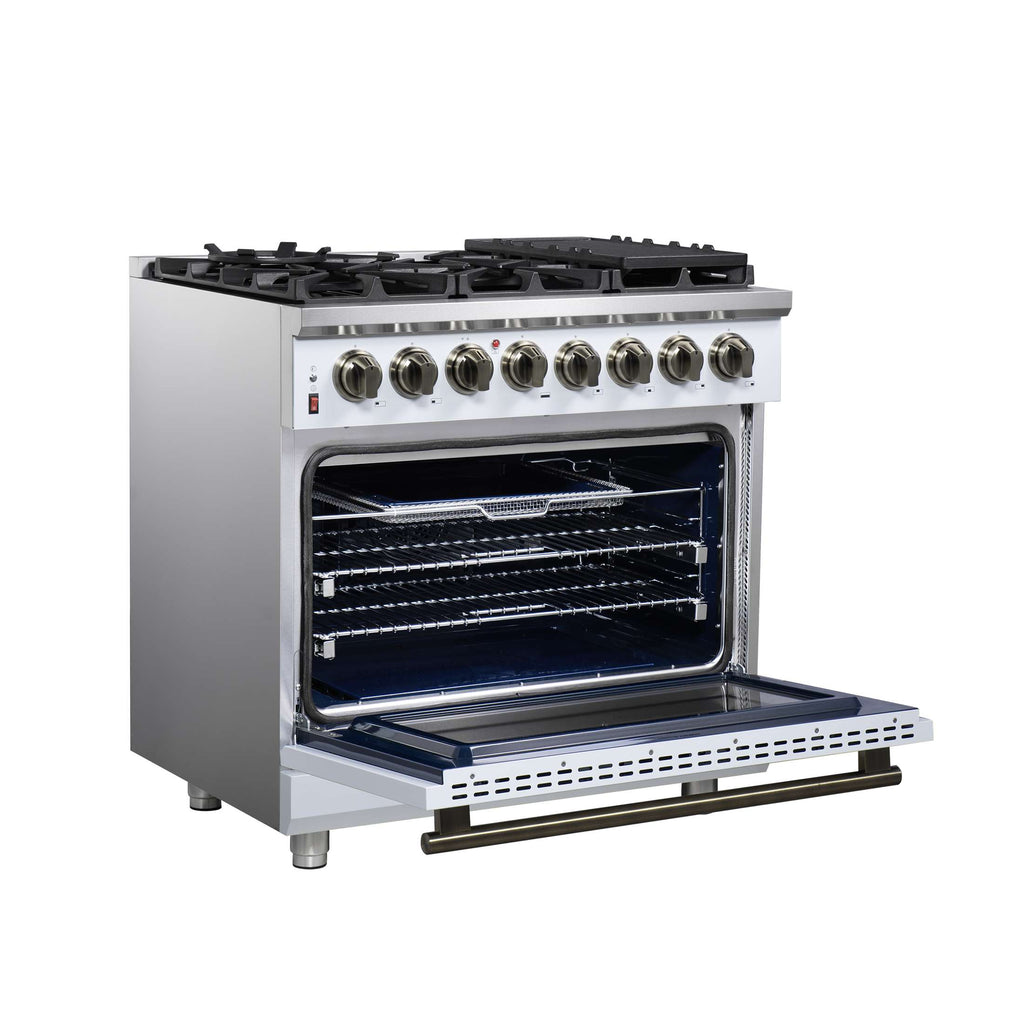 Forno Massimo 36 Inch Freestanding Dual Fuel Range in White with Antique Brass Accessories, 6 Burners, 5.36 cu. ft. Convection Oven