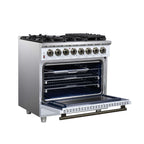 Forno Massimo 36 Inch Freestanding Dual Fuel Range in White with Antique Brass Accessories, 6 Burners, 5.36 cu. ft. Convection Oven