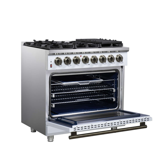 Forno Massimo 36 Inch Freestanding Dual Fuel Range in White with Antique Brass Accessories, 6 Burners, 5.36 cu. ft. Convection Oven