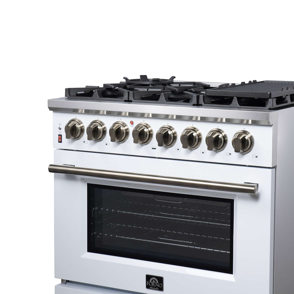 Forno Massimo 36 Inch Freestanding Dual Fuel Range in White with Antique Brass Accessories, 6 Burners, 5.36 cu. ft. Convection Oven