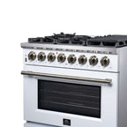 Forno Massimo 36 Inch Freestanding Dual Fuel Range in White with Antique Brass Accessories, 6 Burners, 5.36 cu. ft. Convection Oven