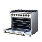 Forno Massimo 36 Inch Freestanding Dual Fuel Range in White with Antique Brass Accessories, 6 Burners, 5.36 cu. ft. Convection Oven