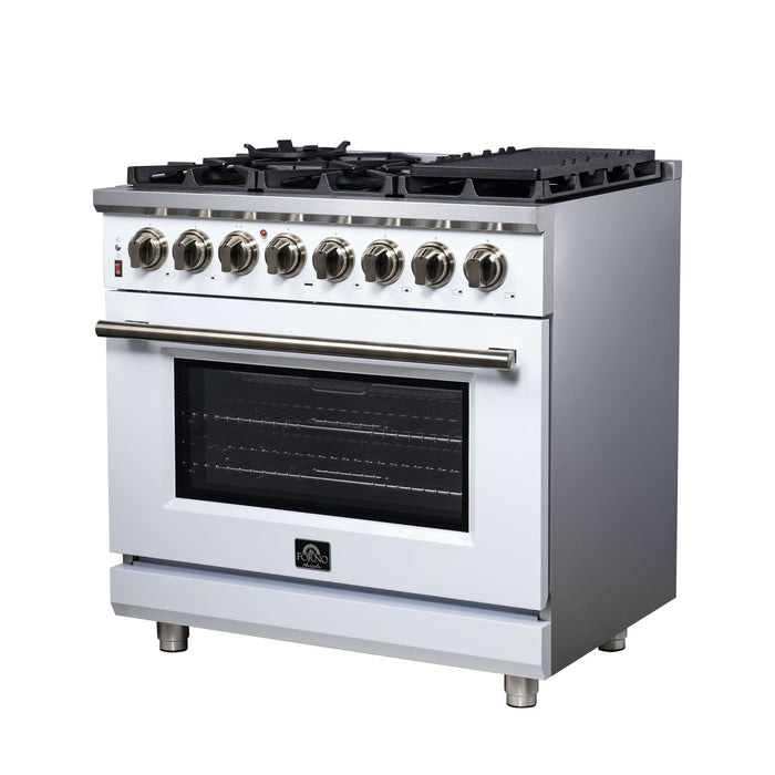Forno Massimo 36 Inch Freestanding Dual Fuel Range in White with Antique Brass Accessories, 6 Burners, 5.36 cu. ft. Convection Oven