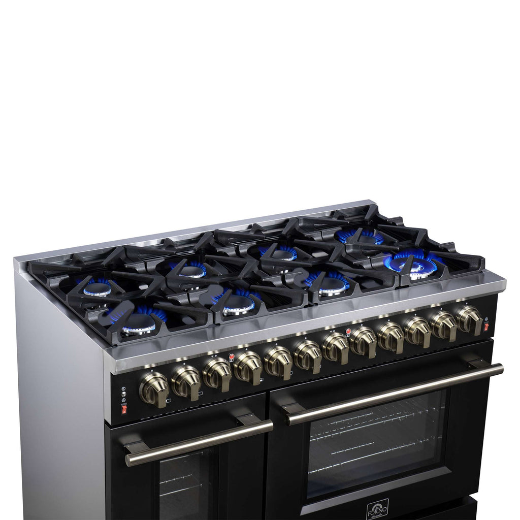Forno Massimo 48 Inch Freestanding Dual Fuel Range in Black with Antique Brass Accessories, 8 Burners, 6.58 cu. ft. Convection Oven