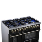 Forno Massimo 48 Inch Freestanding Dual Fuel Range in Black with Antique Brass Accessories, 8 Burners, 6.58 cu. ft. Convection Oven