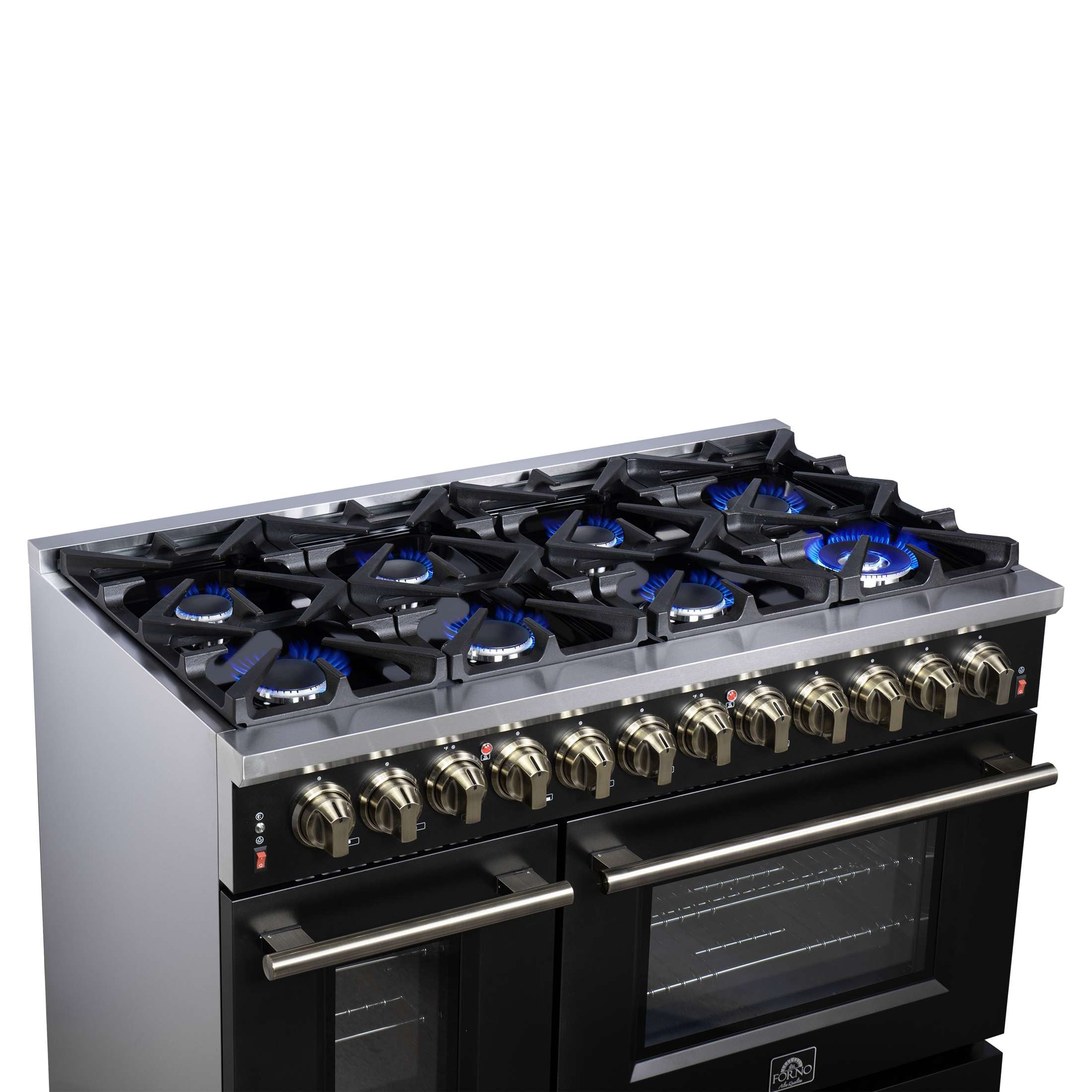 Forno Massimo 48 Inch Freestanding Dual Fuel Range in Black with Antique Brass Accessories, 8 Burners, 6.58 cu. ft. Convection Oven