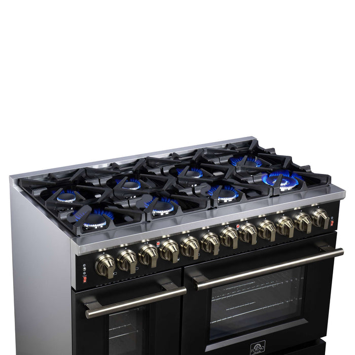 Forno Massimo 48 Inch Freestanding Dual Fuel Range in Black with Antique Brass Accessories, 8 Burners, 6.58 cu. ft. Convection Oven