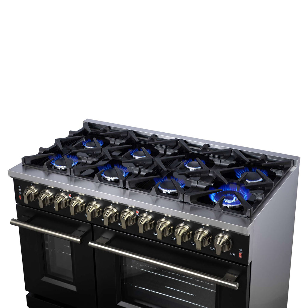 Forno Massimo 48 Inch Freestanding Dual Fuel Range in Black with Antique Brass Accessories, 8 Burners, 6.58 cu. ft. Convection Oven