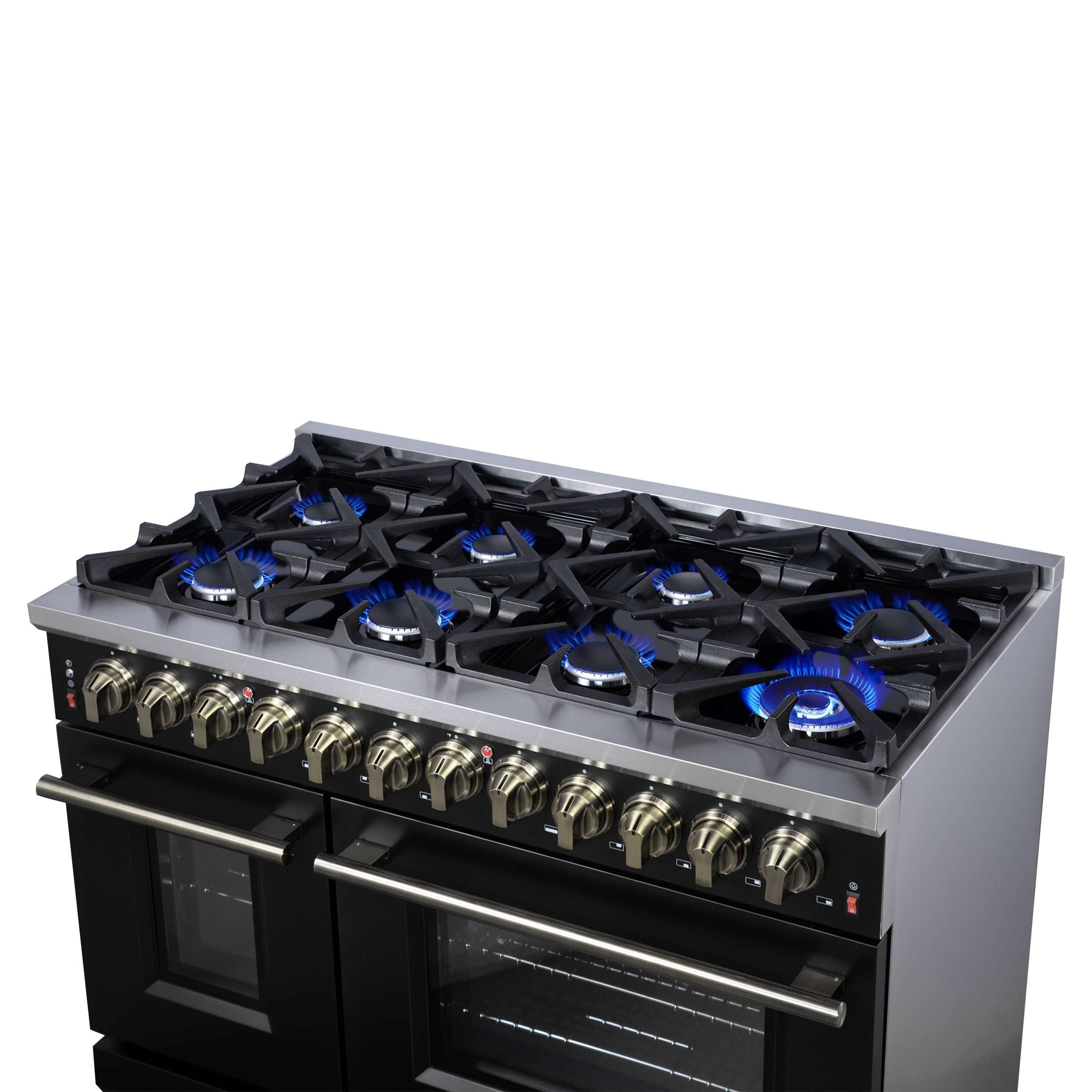 Forno Massimo 48 Inch Freestanding Dual Fuel Range in Black with Antique Brass Accessories, 8 Burners, 6.58 cu. ft. Convection Oven