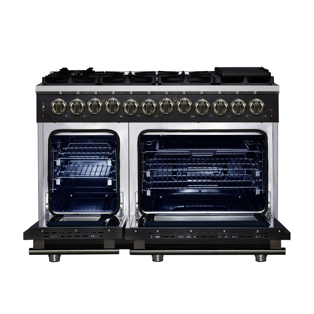 Forno Massimo 48 Inch Freestanding Dual Fuel Range in Black with Antique Brass Accessories, 8 Burners, 6.58 cu. ft. Convection Oven