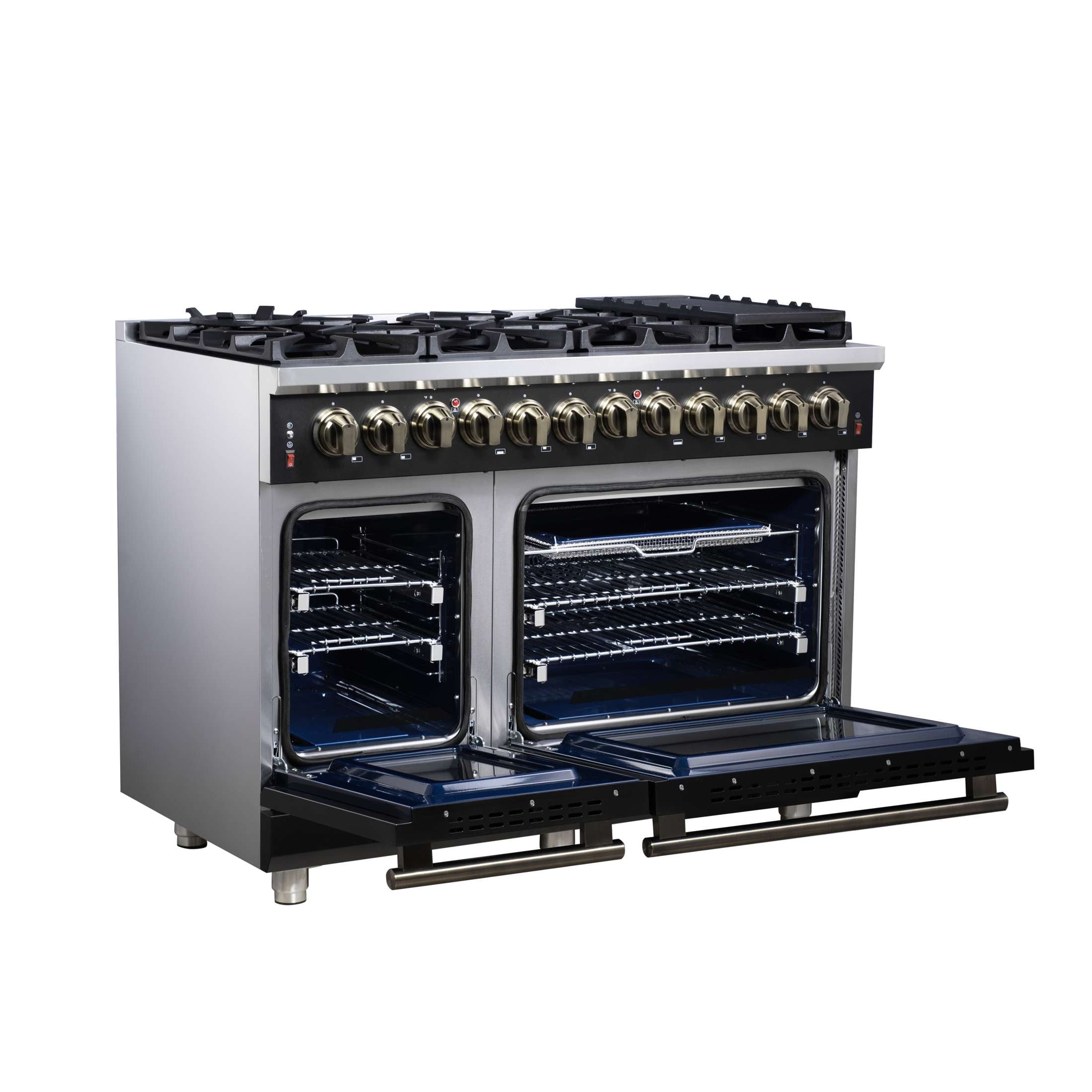 Forno Massimo 48 Inch Freestanding Dual Fuel Range in Black with Antique Brass Accessories, 8 Burners, 6.58 cu. ft. Convection Oven