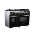Forno Massimo 48 Inch Freestanding Dual Fuel Range in Black with Antique Brass Accessories, 8 Burners, 6.58 cu. ft. Convection Oven