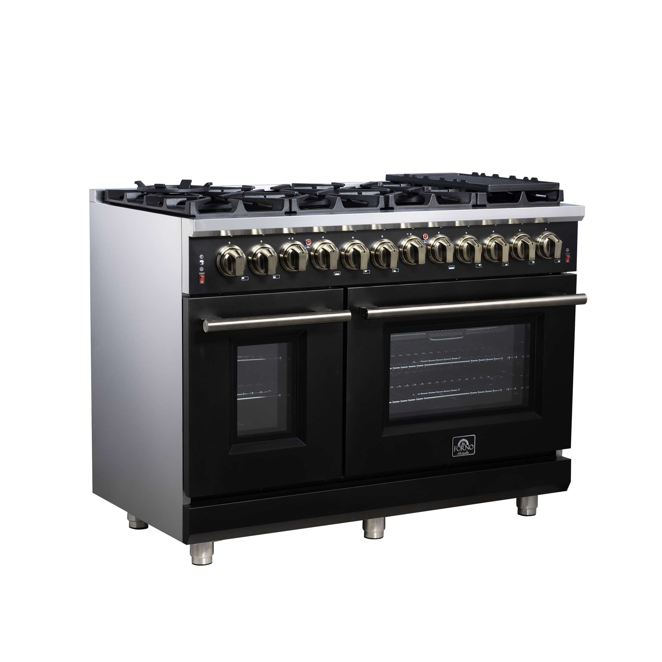 Forno Massimo 48 Inch Freestanding Dual Fuel Range in Black with Antique Brass Accessories, 8 Burners, 6.58 cu. ft. Convection Oven