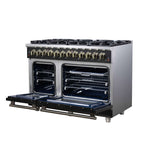 Forno Massimo 48 Inch Freestanding Dual Fuel Range in Black with Antique Brass Accessories, 8 Burners, 6.58 cu. ft. Convection Oven