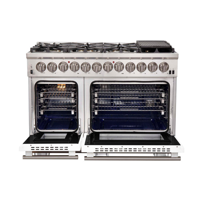 Forno Capriasca 48-Inch Freestanding Dual Fuel Range, 8 Burners, True Convection Oven with White Doors