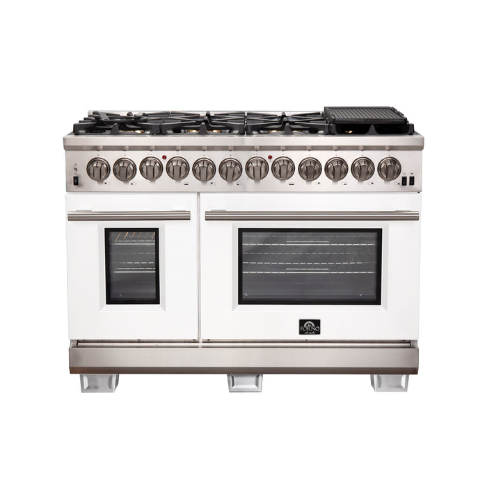 Forno Capriasca 48-Inch Freestanding Dual Fuel Range, 8 Burners, True Convection Oven with White Doors