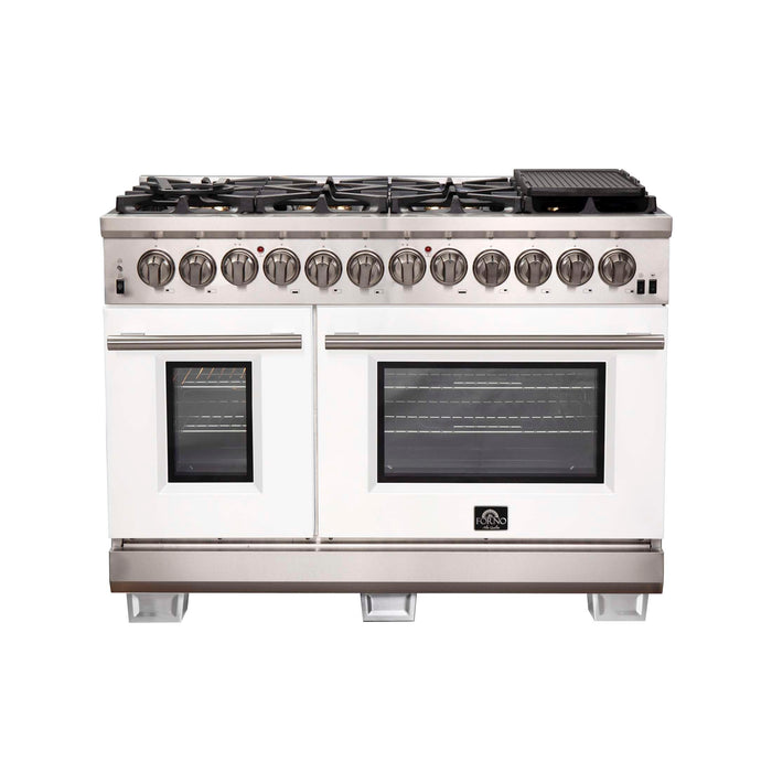 Forno Capriasca 48-Inch Freestanding Dual Fuel Range, 8 Burners, True Convection Oven with White Doors