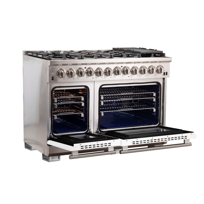 Forno Capriasca 48-Inch Freestanding Dual Fuel Range, 8 Burners, True Convection Oven with White Doors
