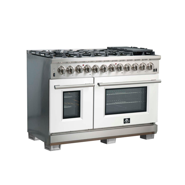 Forno Capriasca 48-Inch Freestanding Dual Fuel Range, 8 Burners, True Convection Oven with White Doors