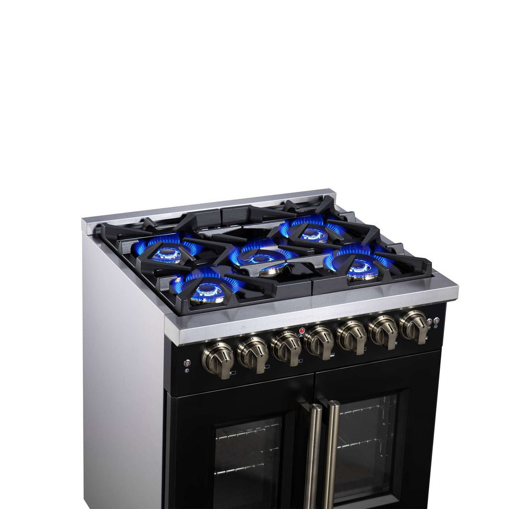 Forno Capriasca 30-Inch Freestanding French Door Dual Fuel Range in Black with Antique Brass Accessories, 5 Burners, True Convection Oven