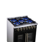 Forno Capriasca 30-Inch Freestanding French Door Dual Fuel Range in Black with Antique Brass Accessories, 5 Burners, True Convection Oven