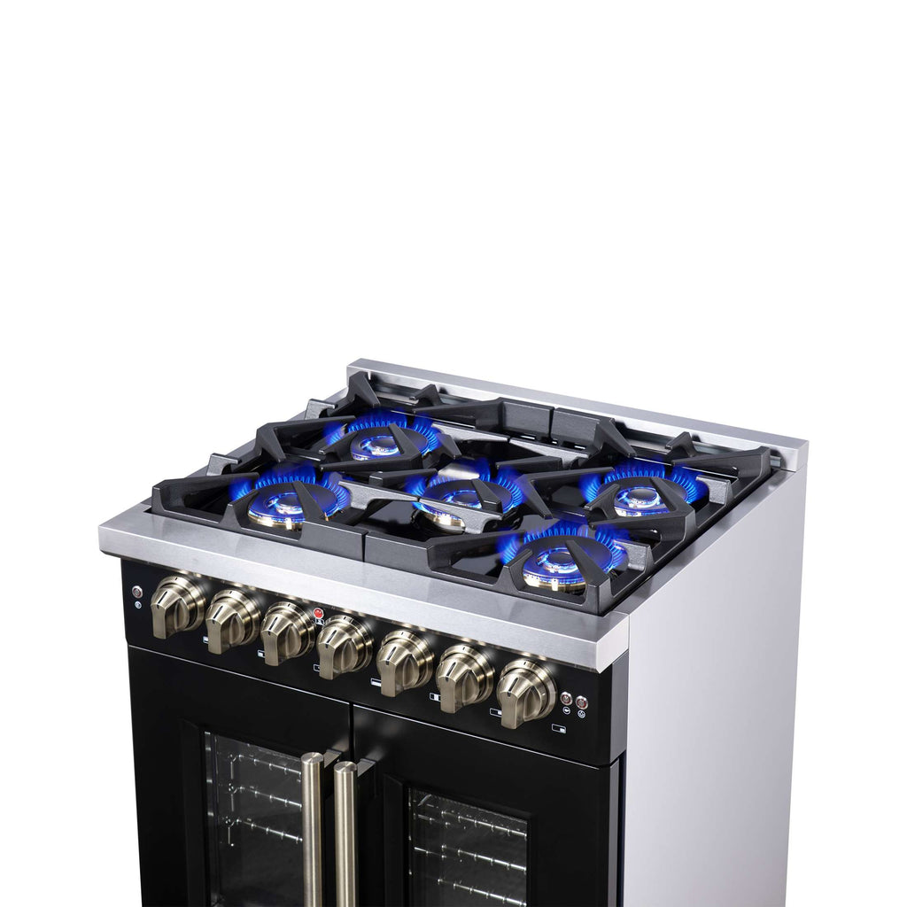 Forno Capriasca 30-Inch Freestanding French Door Dual Fuel Range in Black with Antique Brass Accessories, 5 Burners, True Convection Oven