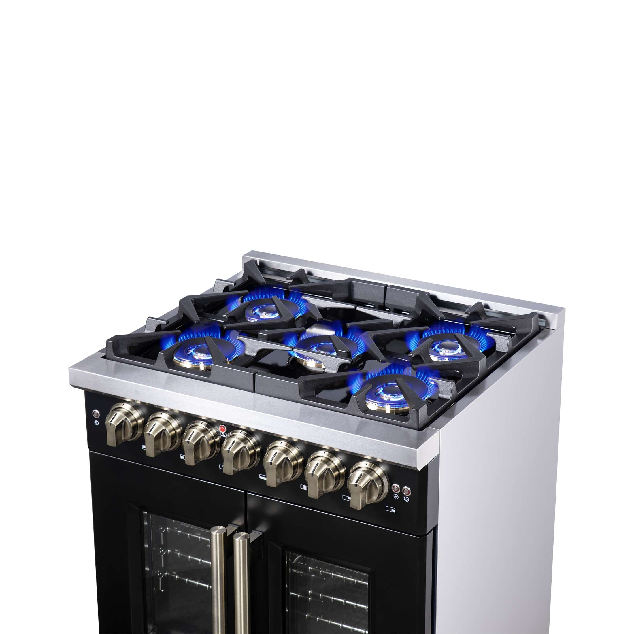Forno Capriasca 30-Inch Freestanding French Door Dual Fuel Range in Black with Antique Brass Accessories, 5 Burners, True Convection Oven