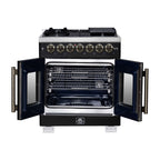 Forno Capriasca 30-Inch Freestanding French Door Dual Fuel Range in Black with Antique Brass Accessories, 5 Burners, True Convection Oven